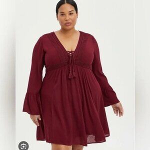 torrid Burgundy Gauze Laceup Skater Dress Womens Plus Size 5X NWT